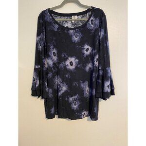 Est. 1946 Tie-Dye Womens Top With Ruffled Sleeves XL Black & Blue Long Line